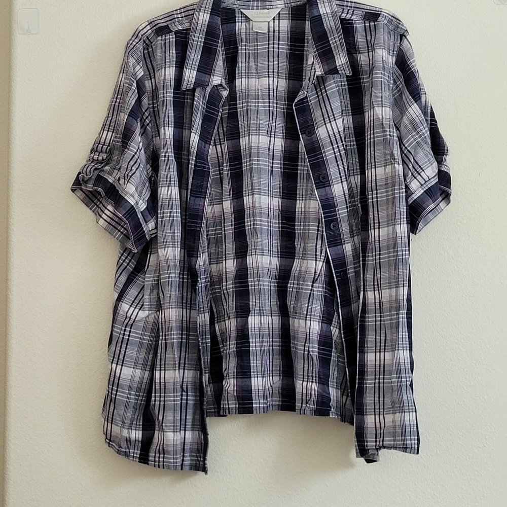 CJ Banks Short Sleeve Blue/Purple Plaid Button Front Blouse